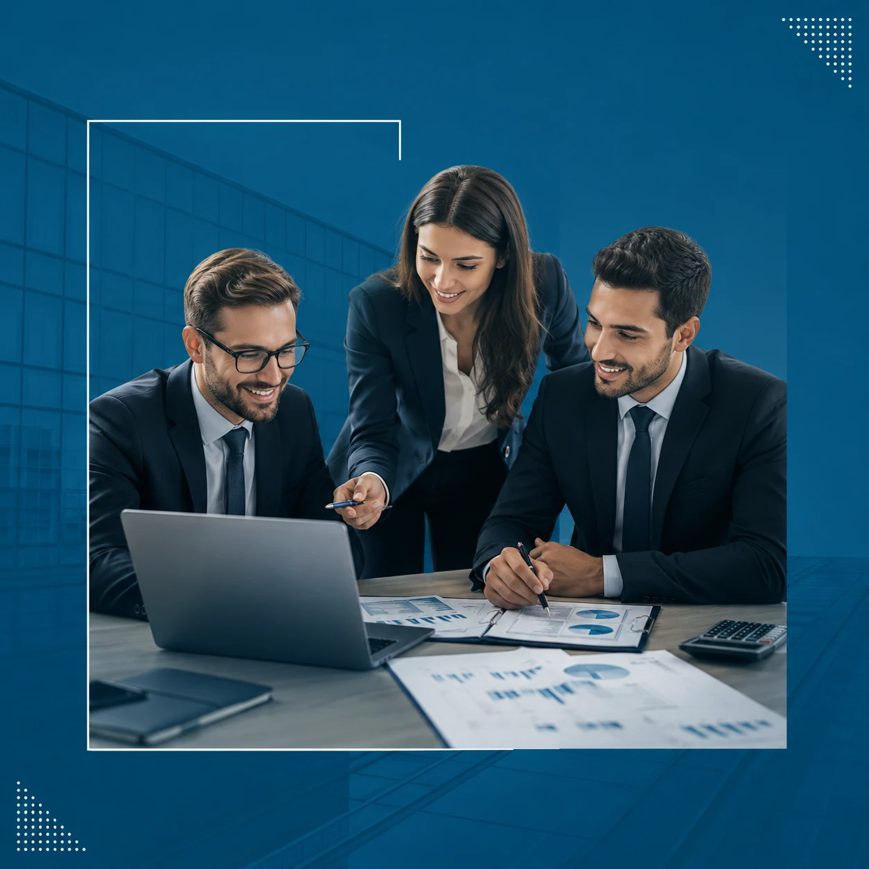 Equipe empresarial analisando dados financeiros e contábeis